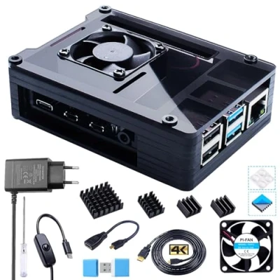 Afbeelding van behuizing voor Raspberry Pi 4b 8GB/4GB/2GB, 5.1V 3A USB C voeding, 3x koellichaam, Micro HDMI naar adapterkabel, met ventilator 4 model b (voor Board niet