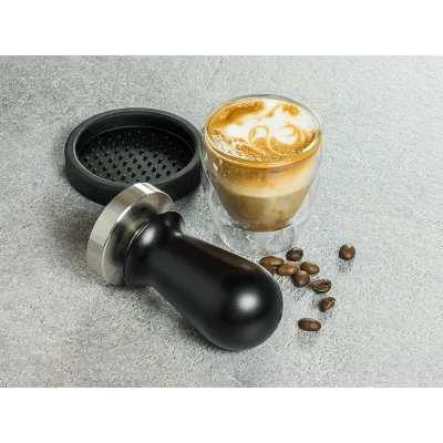 Afbeelding van Buddy&#039;s Bar Barista Edition, premium tamper, koffiecompressor Ø 58 mm basis, H: 10 cm, roestvrij staal, espressostempel voor zeefdrager, koffiestamper met siliconenmat, zwart handvat