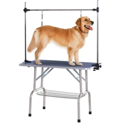 Afbeelding van PawHut trimtafel dierentrimtafel dieren met ondermand voor honden in hoogte verstelbaar, inklapbaar rvs metaal blauw 107 x 60 170 cm