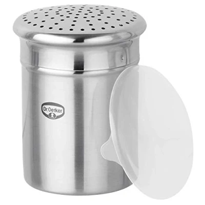 Afbeelding van Dr. Oetker Grove suikerstrooier, keukenhulp van hoogwaardig roestvrij staal, voor decoratief en snel bestuiven, groot vulvolume, inclusief beschermdeksel, (kleur: zilver), hoeveelheid: 1 stuk