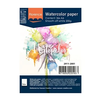 Afbeelding van Vaessen Creative 2911 2001 Florence aquarelpapier A6 in ivoorwit, van 200 g/m² glad papier, 36 vellen voor aquarelschilderen, handlettering en penseellettering, stuk