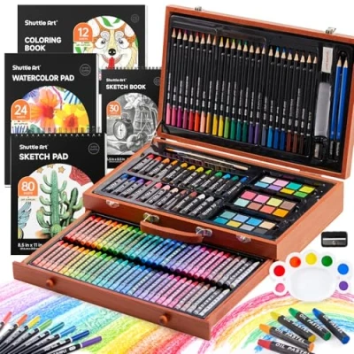 Afbeelding van Shuttle Art 186 delige luxe kunstset, kunstbenodigdheden in houten koffer, schilderkunst kit met acrylverf potloden oliepastels aquarel taarten kleurboek schetsblok voor kinderen en volwassenen
