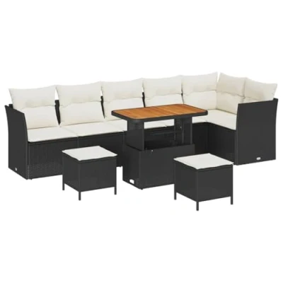 Afbeelding van vidaXL 9 delige tuinsofa set met kussens zwart poly riet &amp; acacia