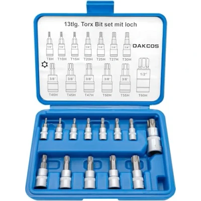 Afbeelding van DAKCOS 13 stuks Torx Bit Socket set, T8H T60H, set 1/4&quot;, 3/8&quot;, 1/2&quot;, T profiel met gat, CR V Sockets en S2