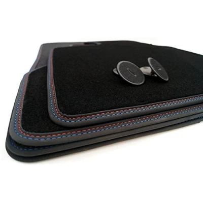 Afbeelding van Vloermatten voor BMW F30 F31 F80 M3 Premium velours automatten met dubbele naad rood blauw 4 delig originele kwaliteit