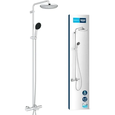 Afbeelding van GROHE Vitalio 250 26984001 Douchesysteem met badkraan, waterbesparend, 8 l per minuut (2 straalsoorten, draaibare hoofddouche arm, veiligheidsvergrendeling bij 38C, antikalksysteem), hoekig, chroom