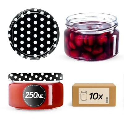 Afbeelding van KADAX Kleine inmaakpotten, 250 ml, jampotten met deksel, luchtdichte potten om cadeau te geven, mini voor honing en specerijen (10 stuks, zwart gestippeld)