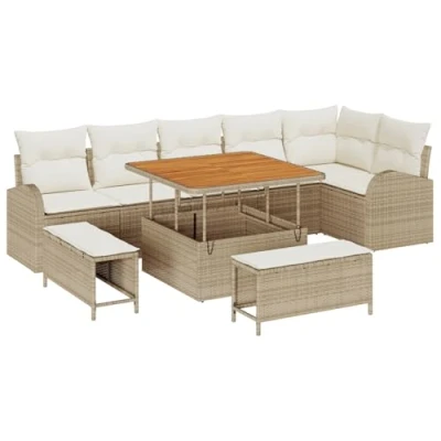 Afbeelding van vidaXL 9 delige tuinzetelset met kussens in beige van poly rattan en acaciahout