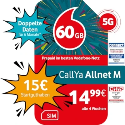 Afbeelding van Vodafone Prepaid CallYa M 20 GB 15 EUR starttegoed zonder contract 5G netwerk Telefoon SMS Flat EU Roaming