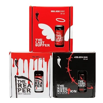 Afbeelding van I LOVE SPICY Hot Sauce Set van The Reaper, Resurrection, Last Supper; Extreem Hete Chilisaus met Carolina Reaper en Trinidad Scorpion Moruga (3x20ml Druppelaar)