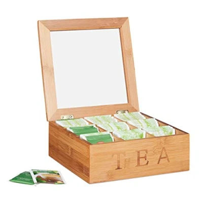 Afbeelding van Relaxdays theebox bamboe 9 vaks vierkant transparante deksel 8,5x22x 2 cm