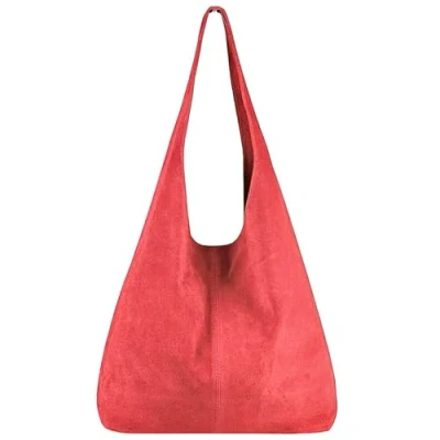 Afbeelding van Modarno schoudertas dames suède clutch shopper echt leer, Watermeloen Rood