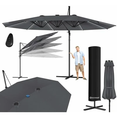 Afbeelding van KESSER® parasol, dubbele 4,6 m x 2,7 m, zweefparasol, afdekking en windbeveiliging met zwengel standaard, zwengelscherm, aluminium, waterafstotend, kantelbaar, 360 draaibaar, antraciet,