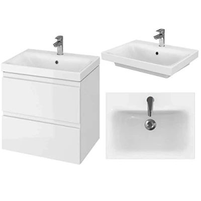 Afbeelding van VBChome Badmeubelset, 60 cm, wit, wastafel met onderkast, wastafel, 2 laden, badkamer, wastafelonderkast, badkamermeubel, badkamermeubel
