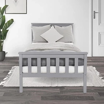 Afbeelding van ML Design Houten Bed 90x200 cm Lichtgrijs, Massief Grenen, Ledikant met Lattenbodem en Voeten, Eenpersoonsbed Hoofdbord Voetenbord, voor Kinderen Volwassenen,