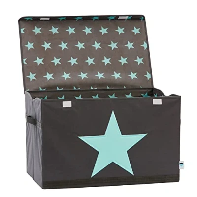 Afbeelding van Love it Store Opbergdoos met deksel Grote stoffen speelgoeddoos Stevig en extra stabiel Grijs groene ster 62x38x39 cm