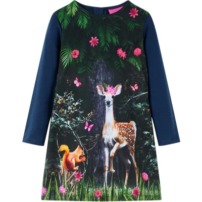 Afbeelding van Kinderjurk met lange mouwen hertenprint 140 marineblauw