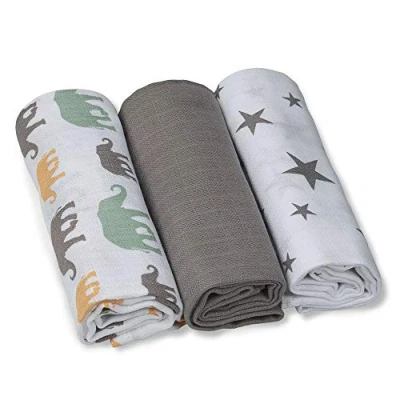 Afbeelding van GRÜNSPECHT 1500 V5 Mullluiers 70 x cm van 100% katoen, spuugdoeken, zonder optische witmakers, huidvriendelijk en absorberend, 3 stuks, grijs, sterren, olifanten