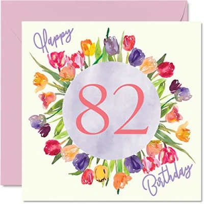 Afbeelding van mooie 82e verjaardagskaarten voor vrouwen aquarel tulpen bloemen boeket gelukkige verjaardagskaart haar oma oppas Gran moeder verjaardagscadeaus, 145mm x wenskaarten cadeau