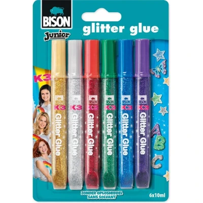 Afbeelding van Bison Junior K3 glitterlijm, blister met 6 stuks in geassorteerde kleu