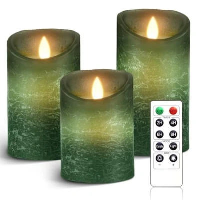 Afbeelding van AnnSpa Set van 3 groene led kaarsen, werkt op batterijen, met afstandsbediening, vlamloze echte was, flikkeren, bewegende wikkeling, amber, geel, licht, pillar ongeparfumeerde was
