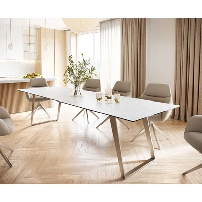 Afbeelding van DELIFE Eettafel Edge 300x100 keramiek Laminam® Statuarietto wit roestvrij staal hoekig
