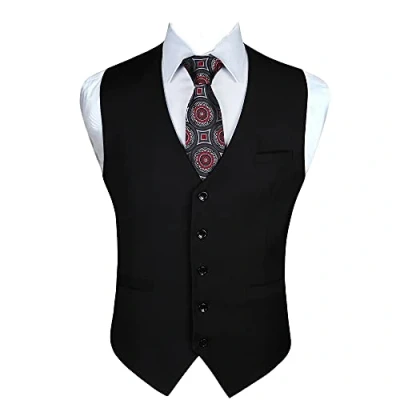 Afbeelding van Enlision Gilet voor heren, formele effen giletjes bruiloft, kleur smoking, smokingjas, zakelijk pak, vest met zakken XS 4XL, Zwart, L