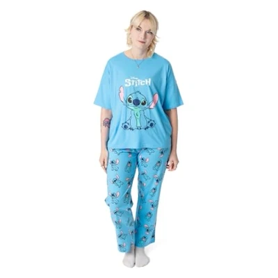 Afbeelding van Disney Lilo &amp; Stitch damespyjamaset grafische top met korte mouwen en pyjamabroek lange pijpen voor volwassenen in blauw Nachtkleding all over print dames