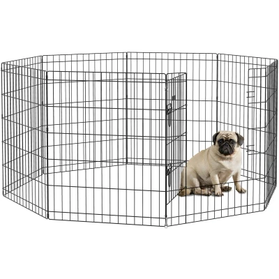 Afbeelding van PawHut puppyren 76 cm hoog, 8 delige met slot, doe het zelf vrijloophok voor middelgrote honden, cavia&#039;s, konijnen, metaal, zwart