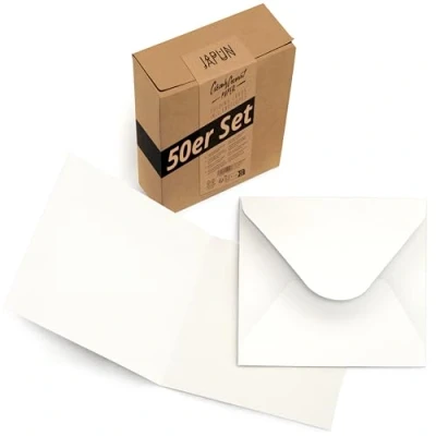 Afbeelding van Japun set van 50 vierkante blanco vouwkaarten inclusief enveloppen, om te ontwerpen, labelen of bedrukken wit