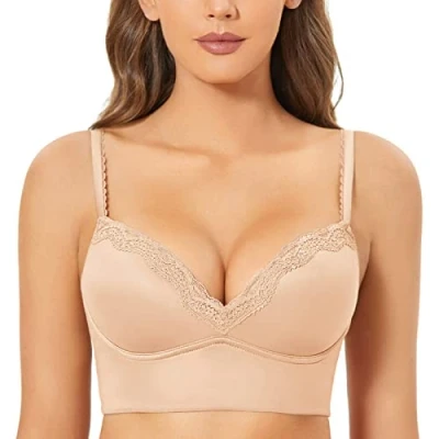 Afbeelding van Dobreva Vrouwen Bloemen Kant Gewatteerde Draadloze Push Up Bralette Longline BH Beige 85C