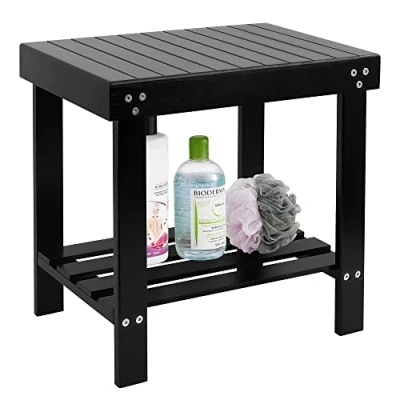 Afbeelding van VaeFae Bamboe Spa Bench Houten Zitkruk Voetsteun Scheren Kruk met Antislip Voeten Opslag Plank voor Shampoo Handdoek, Werkt in Badkamer/Woonkamer/Slaapkamer/Tuin Vrije tijd (zwart)