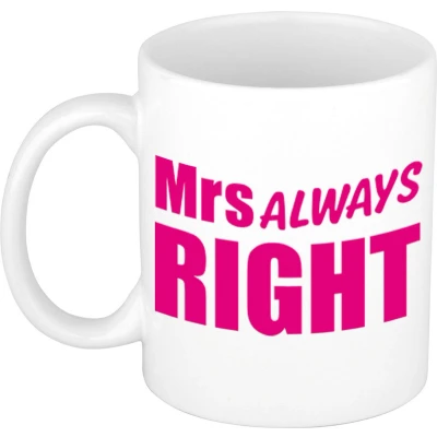 Afbeelding van Mrs always right cadeau mok / beker wit met roze blokletters 300 ml feest mokken