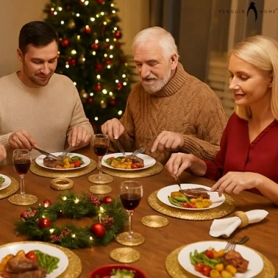 Afbeelding van Penguin Home® Set van 12 glazen kralen Placemats, Onderzetters en servetringen Goudkleur Ronde Placemats Handgemaakt door bekwame Indiase ambachtslieden Diameter 32 cm (13&quot;)