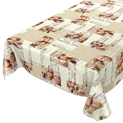Afbeelding van ANRO wasdoek tafelkleed wastafelkleed afwasbaar koffie croissant beige 240 x 140 cm