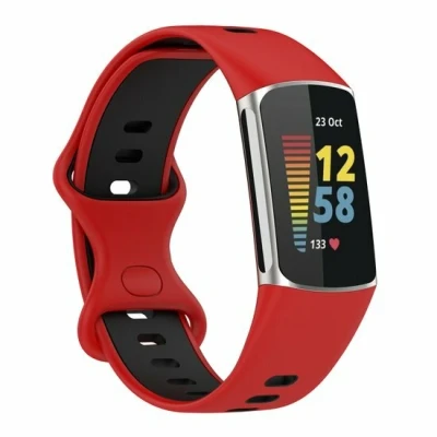 Afbeelding van FitBit Charge 5 &amp; 6 Sportbandje met dubbele lus Rood / zwart Tweekleurig Maat: L