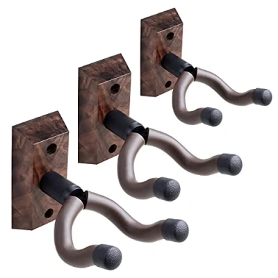 Afbeelding van gitaar wandhangers 3 stuks, ukelele muurbevestiging, gitaarhanger wandhaken, houders, standaard, zwarte walnoot houten wandmontagehanger, voor akoestisch, elektrisch, gitaar, bas, banjo,