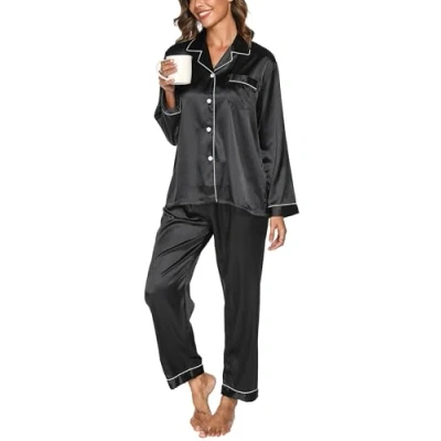 Afbeelding van Reliwel Satijnen pyjama dames met knoopsluiting lange mouwen tweedelige zijden set V hals nachtkleding cozy klassieke loungewear huispak voor alle seizoenen, zwart, L