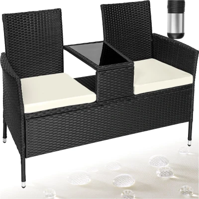 Afbeelding van tectake® Wicker tuinbank met tafel zwart/beige 404557