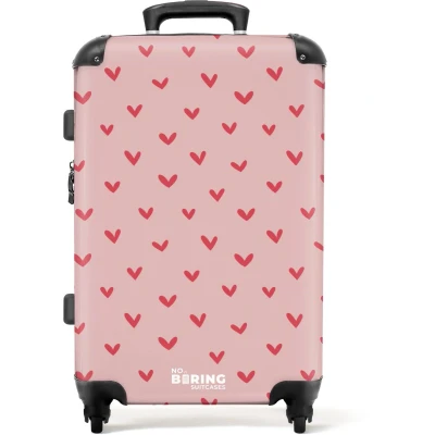 Afbeelding van NoBoringSuitcases.com® Kinderkoffer meisje Kindertrolley meisjes Hartjespatroon met roze kleuren Koffer kind groot Rolkoffer lichtgewicht Reiskoffer 4 wielen Grote trolley XL 20 kg bagage