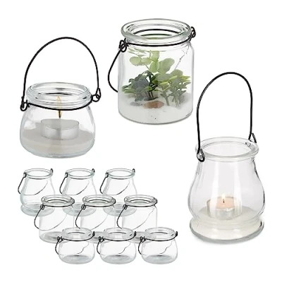 Afbeelding van Relaxdays windlicht set van 12, ronde theelichthouders, met zwart hengsel, 3 groottes, binnen en buiten, transparant