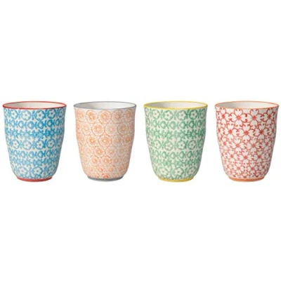 Afbeelding van Bloomingville beker zonder handvat Carla Express Retro theekopje koffiebeker vintage latte macchiato set Ø 8,5 x H 10 cm, blauw groen rood oranje keramiek, van 4, inhoud ca. 300 ml