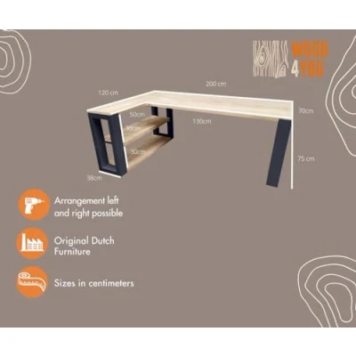 Afbeelding van Wood4you Hoekbureau New Orleans steigerhout met zijkastje 200/120 Hout Werkbureau