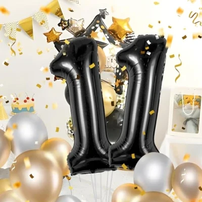 Afbeelding van Ballonnen verjaardag 11 zwart 100 cm ballon cijfer 11, nummer Happy Birthday decoratie, ballonnen, verjaardagsfeest, jaren vliegt dankzij helium