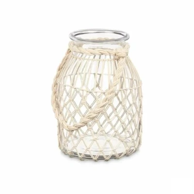 Afbeelding van Kaarshouder Tin Wit Transparant Glas Touw 20 x 30 cm (4 Stuks)