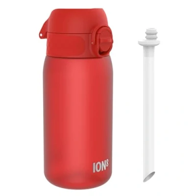 Afbeelding van Ion8 Kinder Waterfles Met Rietje, 350 ml/12 oz, Lekvrij, Makkelijk te Openen, Veilige Sluiting, Vaatwasserbestendig, BPA vrij, Draaghendel, Hygiënische Klapdeksel, Schoon Maken, Rood