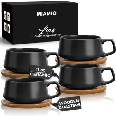 Afbeelding van MIAMIO 320 ml, set van 4 keramische theekop en schotel bamboe/theemok brede cappuccino beker, koffiekopjes, mok voor cappuccino, latte, espresso Americano Luxe Collection (zwart)