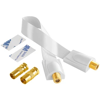 Afbeelding van Poppstar 28cm SAT Raam Doorvoer (0,2 mm Raamdoorvoer Kabel heel Vlak), 2x F connector (1x op Antenneconnector, 1x Antenneplug), 2 Kleefpads, Wit