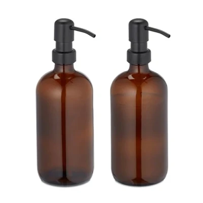 Afbeelding van Relaxdays glazen zeeppomp, set van 2, handmatig, badkamer, aanrecht, keuken, voor zeep, lotion, 500 ml, bruin/zwart