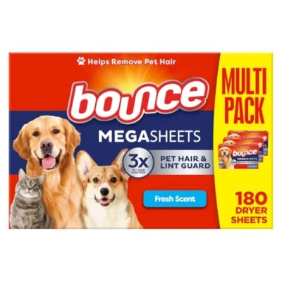 Afbeelding van Bounce Pet Hair &amp; Lint Guard Mega Droogtrommeldoekjes 180 Stuks Met 3X Anti Haar Bescherming voor Huisdieren Frisse Geur Vermindert Pluis en Huisdierenhaar in Kleding Ideaal Huisdiereigenaren